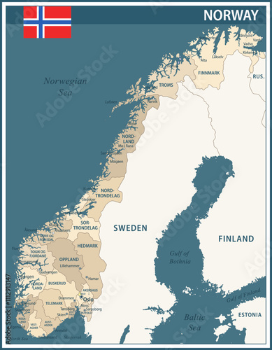 Norway Map Vector Vintage Dark Blue Beige - Customizable layered political map of Norway with administrative divisions for website, education, reports, news, politics, print, poster and wallpaper