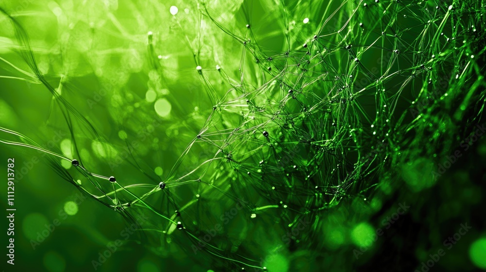Three-Dimensional Green Digital Landscape. Abstract Visualization of Complex Data Connections in a Vivid Background