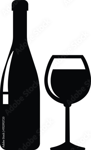 Wine bottle and glass icon in flat set. isolated on transparent background. Shape of traditional glass bottle of still wine Types Alcohol Beverage Bar Drink Concept Vector for apps, website