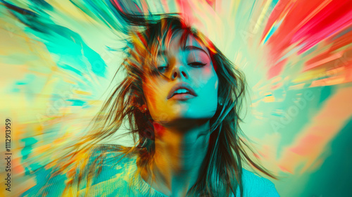 A woman with flowing hair enjoys a moment of bliss surrounded by vibrant colors and abstract patterns in an artistic setting photo