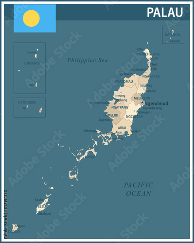Palau Map Vector Vintage Dark Blue Beige - Customizable layered political map of Palau with administrative divisions for website, education, reports, news, politics, print, poster and wallpaper
