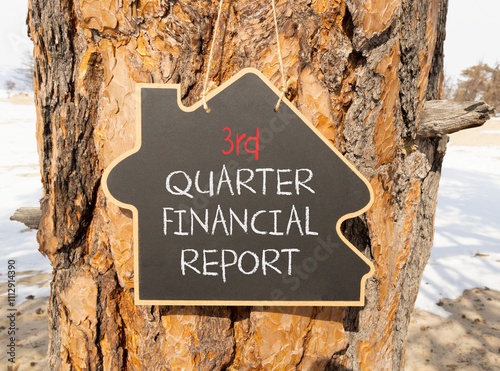 3rd quarter financial report symbol. Concept words 3rd quarter financial report on beautiful black blackboard. Beautiful old wood background. Business 3rd quarter financial report concept. Copy space. photo