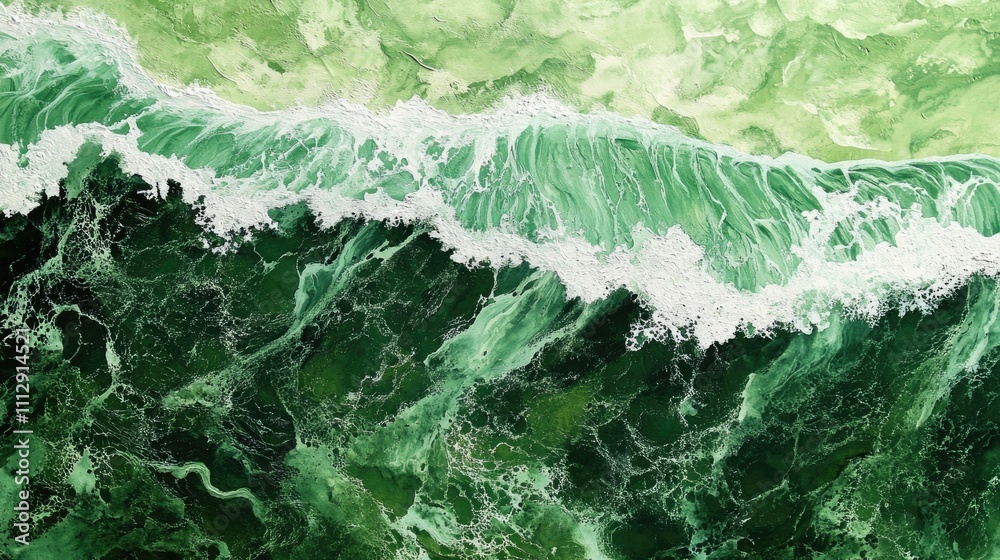 Naklejka premium Aerial View of Lush Green Waves Gently Rolling onto the Sandy Beach