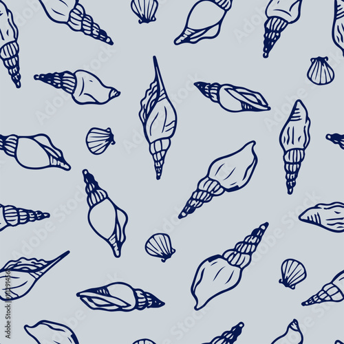Spiral seashells hand drawn seamless pattern. Black shells on blue background.