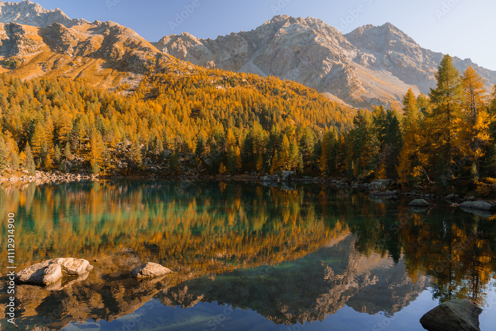 Scenic view of lake in Swiss Alps surrounded by autumn forest 