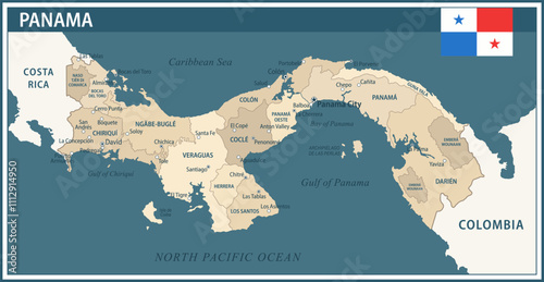 Panama Map Vector Vintage Dark Blue Beige - Customizable layered political map of Panama with administrative divisions for website, education, reports, news, politics, print, poster and wallpaper