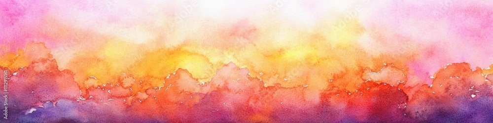 Obraz premium Vibrant Watercolor Sunset Sky with Fluffy Clouds in Lively Orange and Pink Hues