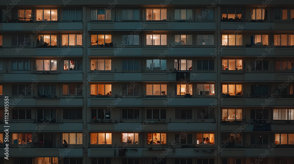 Windows of a Block of Flats, Featuring Uniform Architectural Design and Urban Living Spaces in a Modern Cityscape Windows of a Block of Flats, Featuring Uniform Architectural Design and Urban Living Spaces in a Modern Cityscape