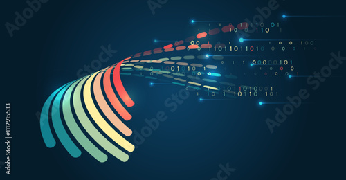 Visualization of a large amount of data. Abstract transformation of information. Processing sorting data fragmentation. Business analytics. The flow of information in the form of waves and particles.