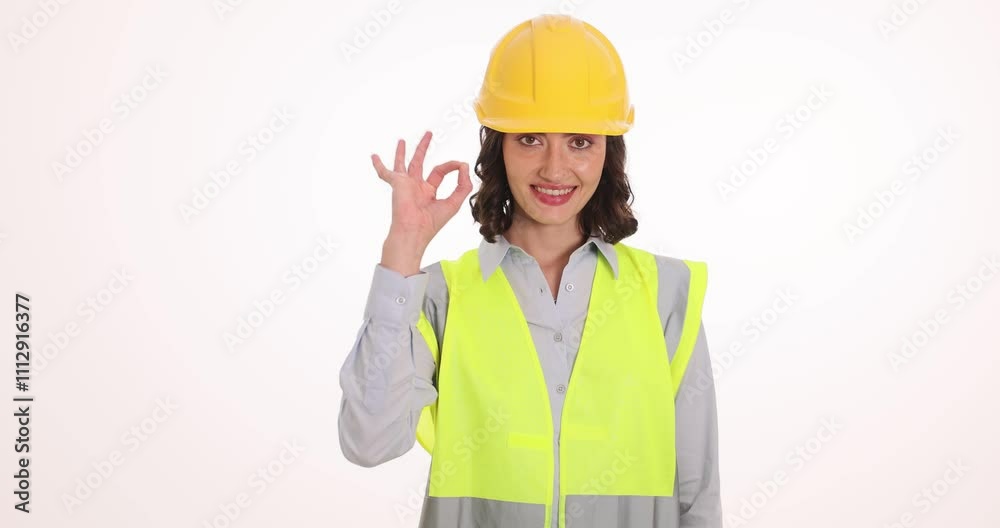 Smiling woman engineer in safety helmet shows OK gesture. Female brunette worker in reflective vest expresses satisfaction with work results Smiling woman engineer in safety helmet shows OK gesture. Female brunette worker in reflective vest expresses satisfaction with work results