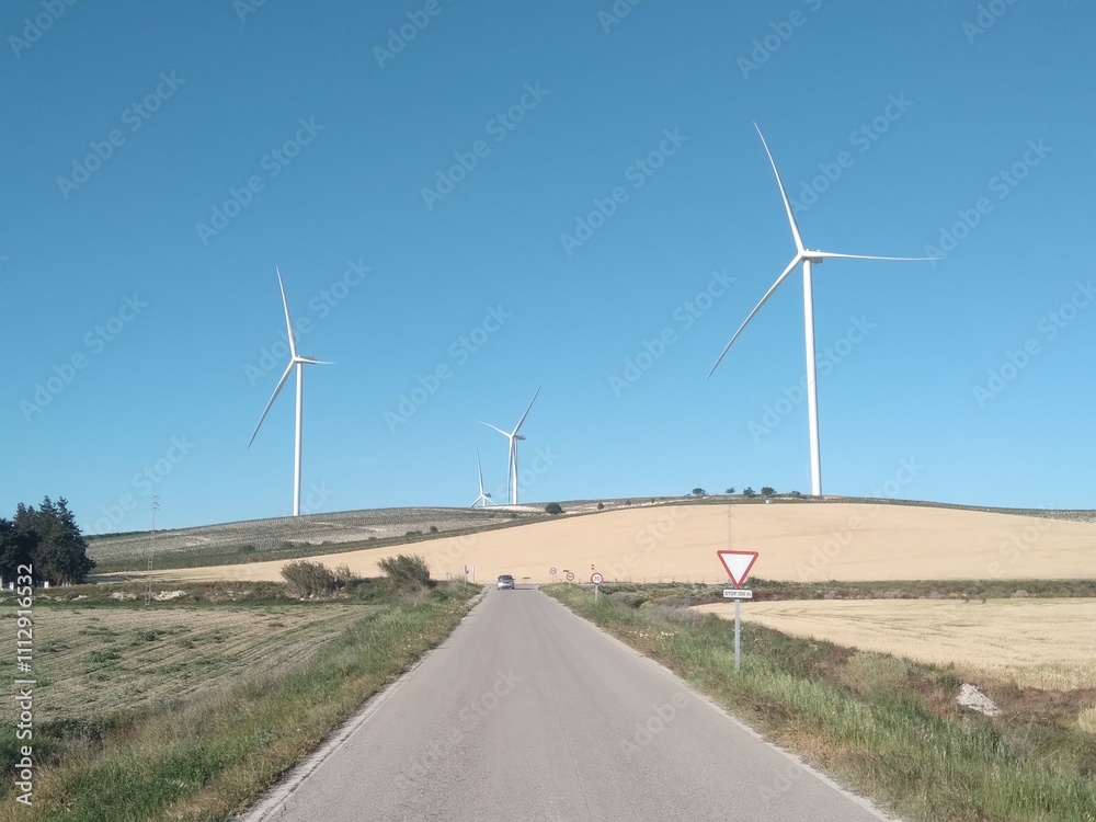ventiladores eólicos en plena naturaleza entre campos de trigo y carreteras ventiladores eólicos en plena naturaleza entre campos de trigo y carreteras