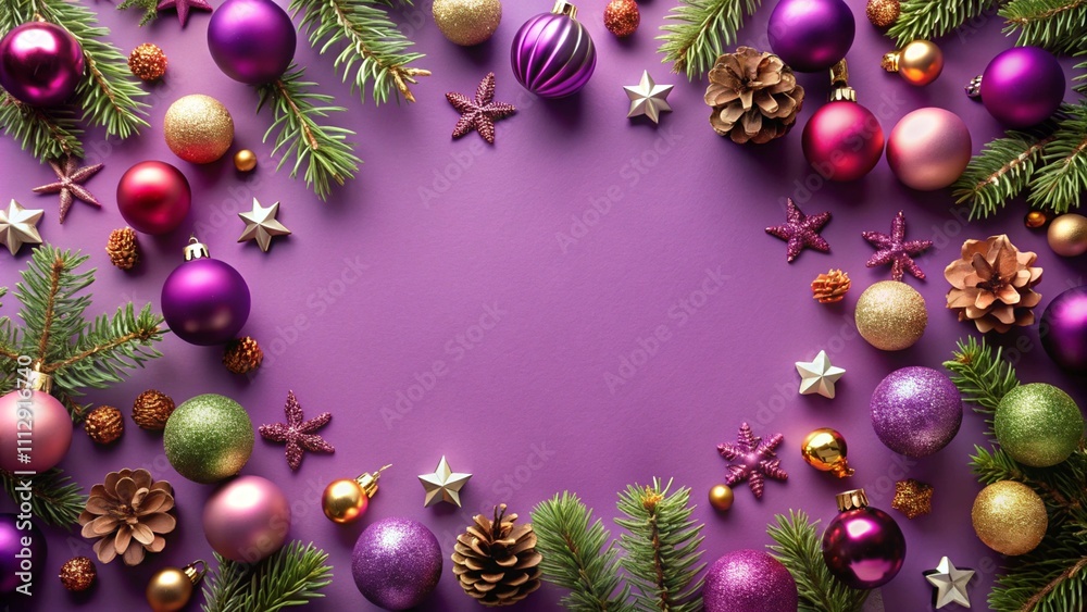 purple background surrounded by Christmas decorations with an empty background in the middle
purple background surrounded by Christmas decorations with an empty background in the middle