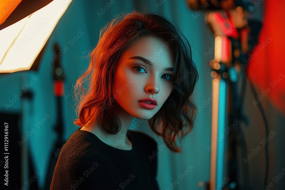 Model woman posing and looking at camera in professional photo studio Model woman posing and looking at camera in professional photo studio
