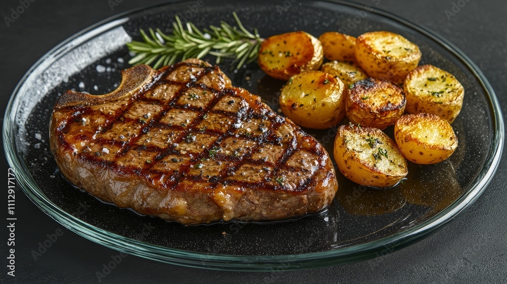 A delicious grilled steak served with roasted potatoes and a sprig of rosemary. A delicious grilled steak served with roasted potatoes and a sprig of rosemary.