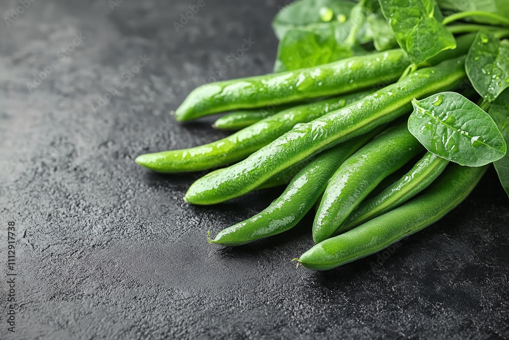 Fresh Green Beans With Water Droplets On Dark Background Fresh Green Beans With Water Droplets On Dark Background