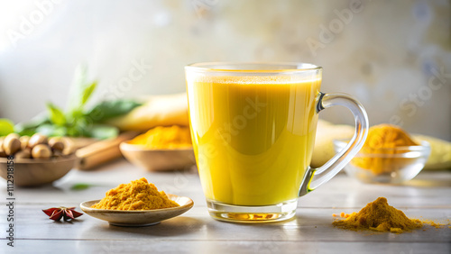 Golden milk with adaptogen-rich turmeric and ashwagandha powder in glass, warm indoor lighting