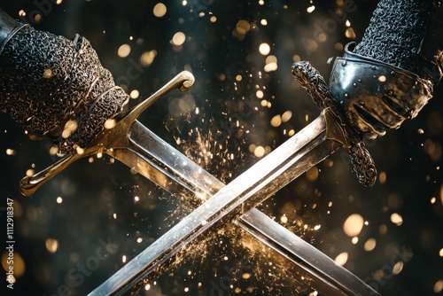 A dramatic moment captured as two swords clash, sending sparks flying. The intensity and energy of the duel reflect the conflict between opposing forces in life. photo