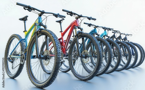 A row of vibrant bikes, isolated on a white background photo