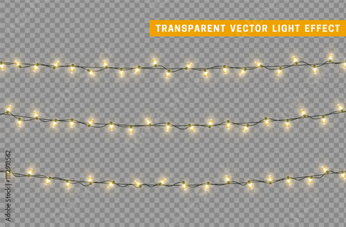 Christmas lights garlands. Festive design elements. Celebrate realistic object. Holiday Xmas Decor. New Year light effects isolated. Vector illustration.