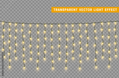 Christmas lights garlands. Festive design elements. Celebrate realistic object. Holiday Xmas Decor. New Year light effects isolated. Vector illustration.