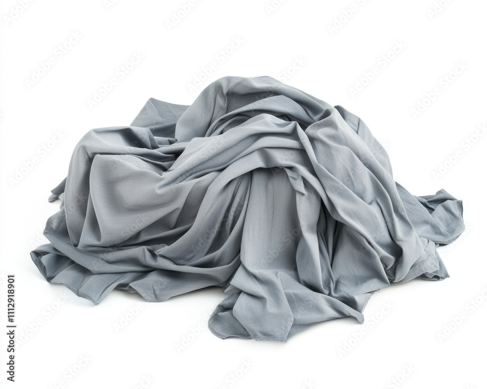 Soft Cotton Fabric: Crumpled Gray Material Isolated on Clean White Background Soft Cotton Fabric: Crumpled Gray Material Isolated on Clean White Background