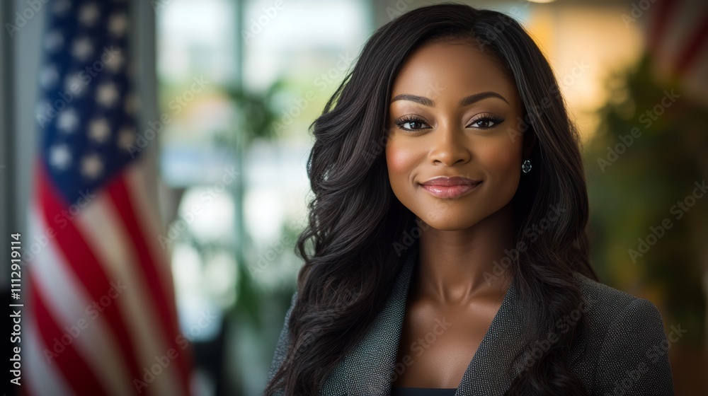 Obraz premium Confident African American Businesswoman Smiling in Office with US Flag, Banner Image