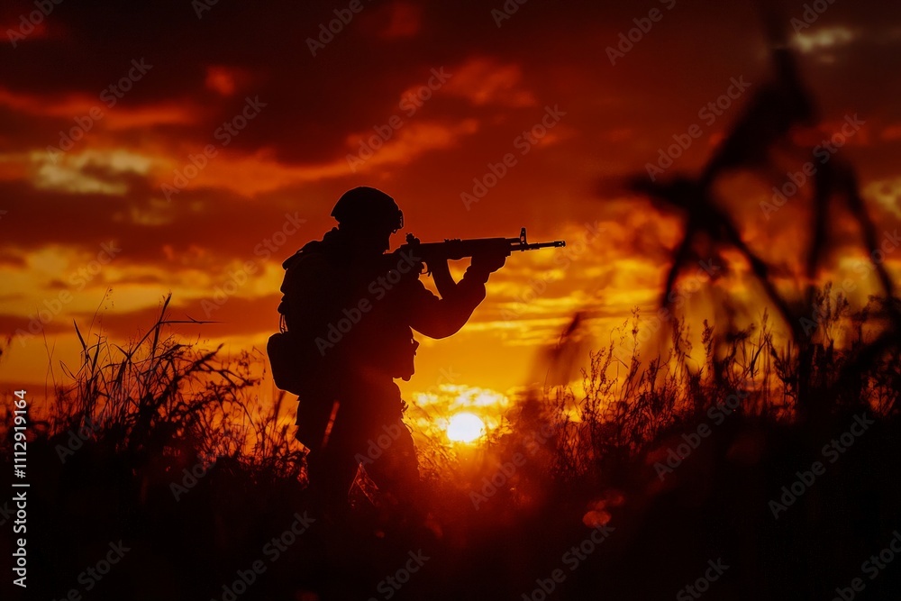 Against a stunning sunset backdrop, a soldier holding a rifle stands tall, representing courage, duty, and the unyielding spirit of military service amidst picturesque surroundings. Against a stunning sunset backdrop, a soldier holding a rifle stands tall, representing courage, duty, and the unyielding spirit of military service amidst picturesque surroundings.