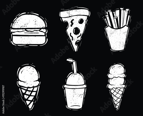 Ice cream, pizza, fries, and burgers, set of black and white fast food rubber stamp linocut vectors