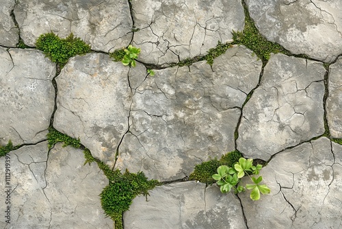 Cracked earth with moss and small plants photo