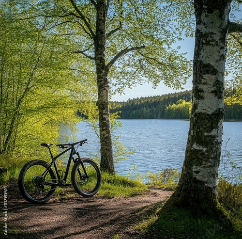 Mountain bike atop a hill in a forest. Cross-country travel and riding. Panorama view