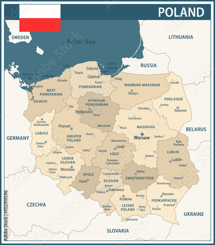 Poland Map Vector Vintage Dark Blue Beige - Customizable layered political map of Poland with administrative divisions for website, education, reports, news, politics, print, poster and wallpaper