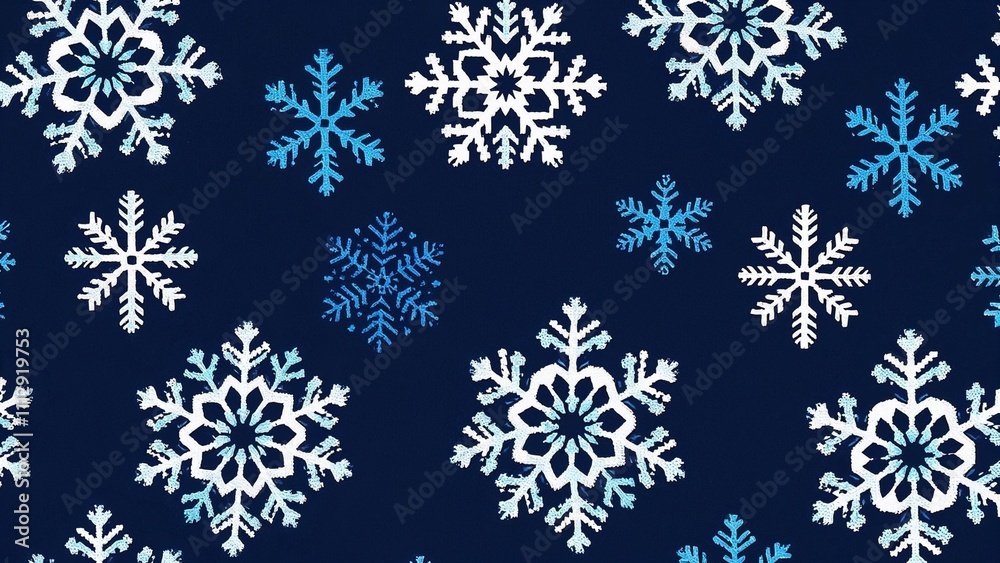 textile, repeating pattern of large snowflakes in shades of blue and white on a blue background. textile, repeating pattern of large snowflakes in shades of blue and white on a blue background.