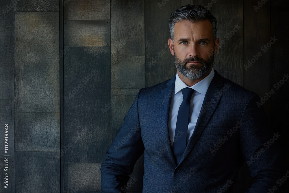 Confident Businessman Gazing at Camera in Formal Attire, Embodying Leadership and Professionalism in an Office Setting Confident Businessman Gazing at Camera in Formal Attire, Embodying Leadership and Professionalism in an Office Setting