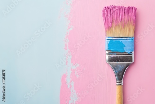 Brush applying pink paint on a light blue wall highlighting a creative home decor project photo