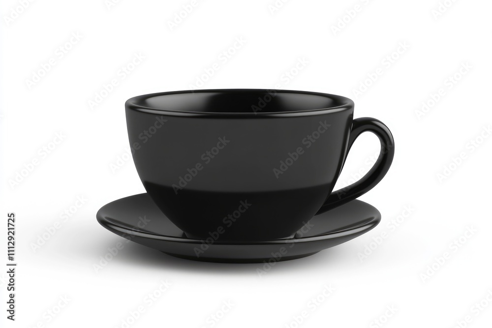 Three-Dimensional Black Cup on a Clean White Surface for Beverage Branding and Breakfast Presentation Three-Dimensional Black Cup on a Clean White Surface for Beverage Branding and Breakfast Presentation