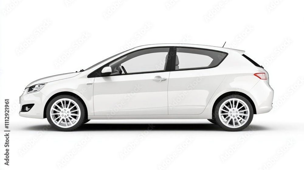 Sleek Silver Compact Car Isolated on Pure White Background - Stylish Hatchback in Side Studio Shot Sleek Silver Compact Car Isolated on Pure White Background - Stylish Hatchback in Side Studio Shot