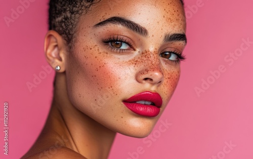 A glamorous studio portrait of a female model with bold lipstick and radiant highlights on her face, retouched with precise dodge and burn techniques, soft pink background