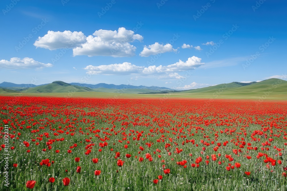 Vast Inner Mongolia Grassland: Lush Green Fields Under Spring Sky with Blue Clouds Vast Inner Mongolia Grassland: Lush Green Fields Under Spring Sky with Blue Clouds