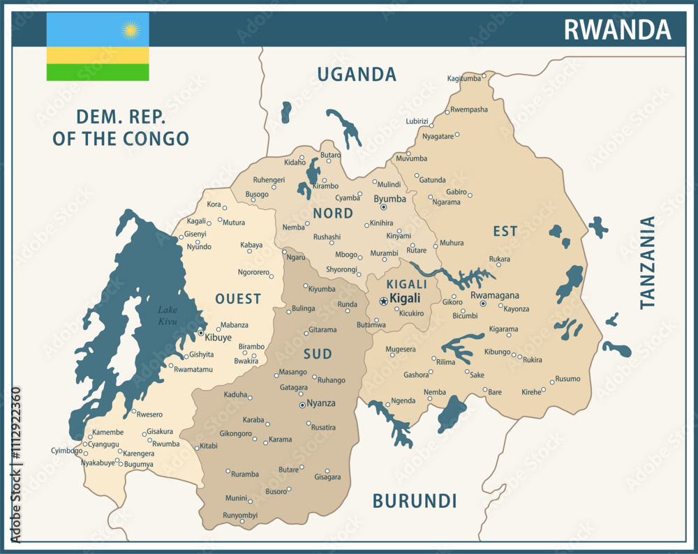 Rwanda Map Vector Vintage Dark Blue Beige - Customizable layered political map of Rwanda with administrative divisions for website, education, reports, news, politics, print, poster and wallpaper