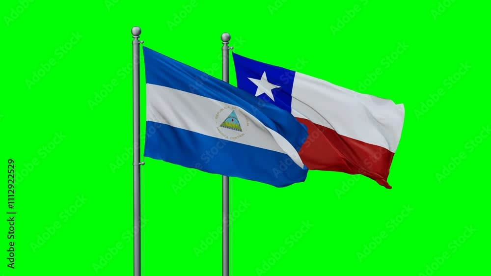 Chile and Nicaragua flags flying together, video concept of the relationship with colored chroma key for easy background remove Chile and Nicaragua flags flying together, video concept of the relationship with colored chroma key for easy background remove