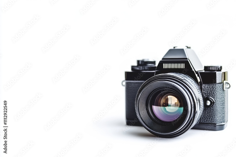 Classic Analog Photo Camera Isolated on White Canvas - Retro Front View Closeup Classic Analog Photo Camera Isolated on White Canvas - Retro Front View Closeup
