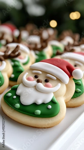 Festively decorated Christmas cookies shaped like Santa, reindeer, and trees for the holidays