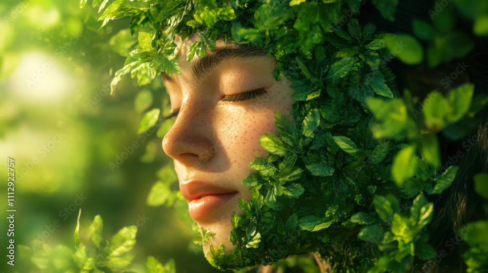 A serene woman surrounded by lush green leaves, embodying nature's tranquility in a sunlit forest setting