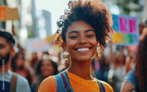 A peaceful protest scene with colorful signs advocating for justice and equality, against an urban backdrop, with focus on smiling faces and hope