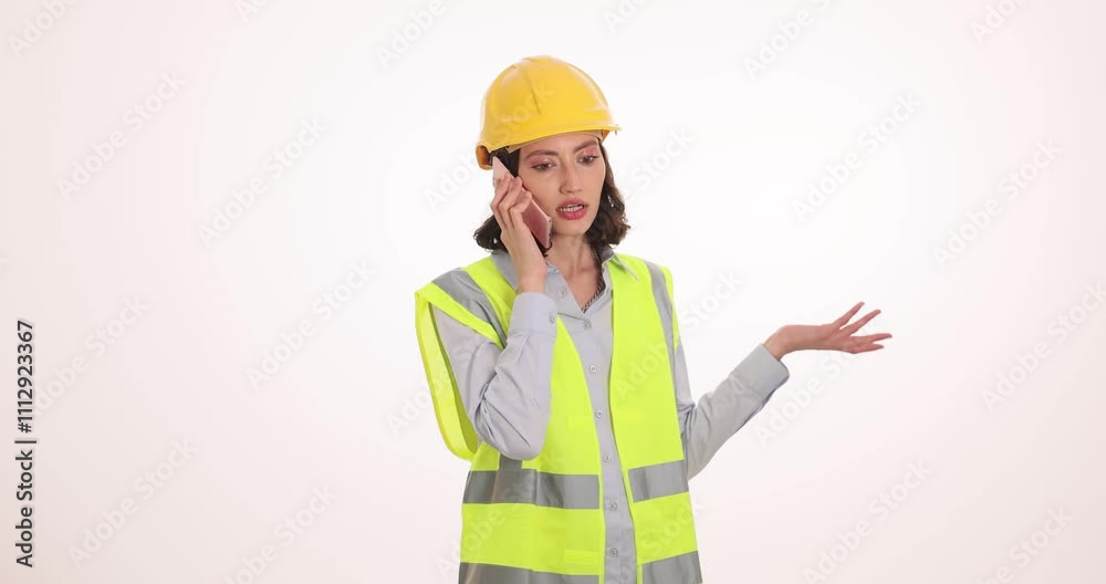 Woman engineer in reflective vest shouts angrily on mobile phone. Female professional in hardhat speaks to colleague expressing dissatisfaction Woman engineer in reflective vest shouts angrily on mobile phone. Female professional in hardhat speaks to colleague expressing dissatisfaction