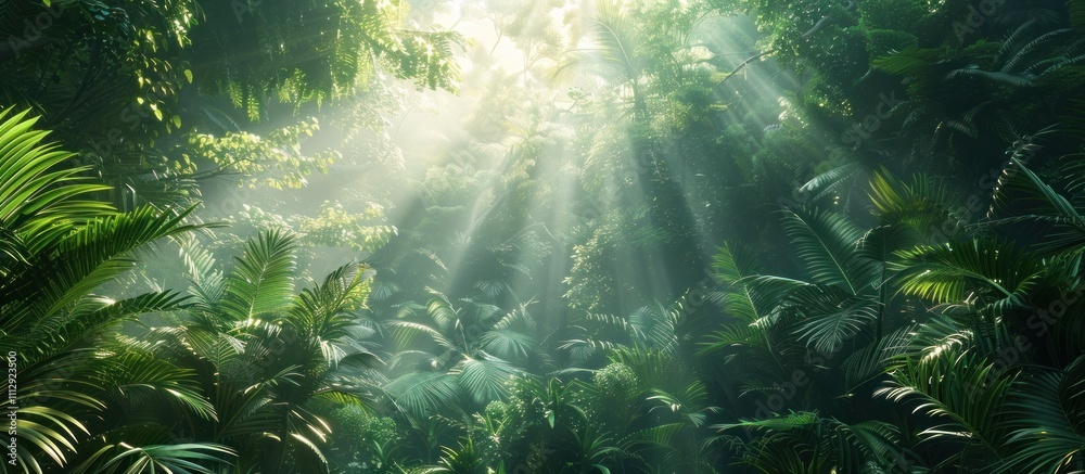 Magical sunlight shining through the dense lush tropical rainforest canopy creating a serene and enchanting natural scenery Magical sunlight shining through the dense lush tropical rainforest canopy creating a serene and enchanting natural scenery