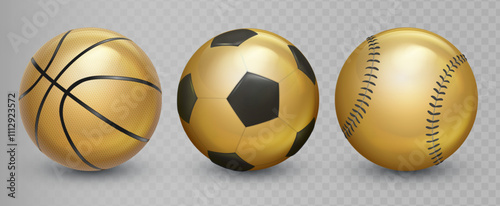 Gold sports balls icon  set. Golden basketball, baseball and soccer ball. Symbol of victory or a championship award. Vector EPS 10