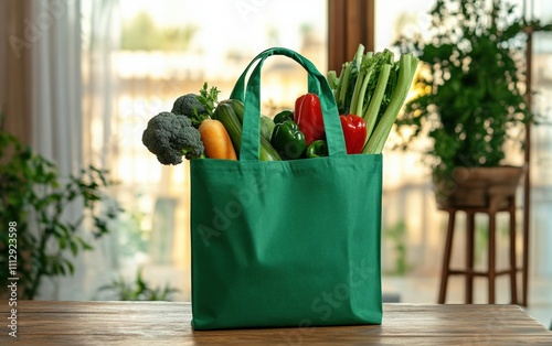 A reusable grocery bag filled with fresh vegetables on a rustic wooden table with natural lighting