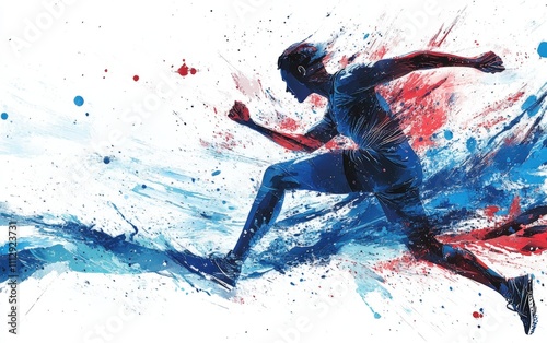 Athlete in Bold Paint Strokes A runner bursting forward, formed by bold blue and red paint strokes, with dynamic splatters representing energy and speed.