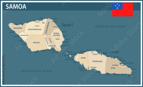 Samoa Map Vector Vintage Dark Blue Beige - Customizable layered political map of Samoa with administrative divisions for website, education, reports, news, politics, print, poster and wallpaper